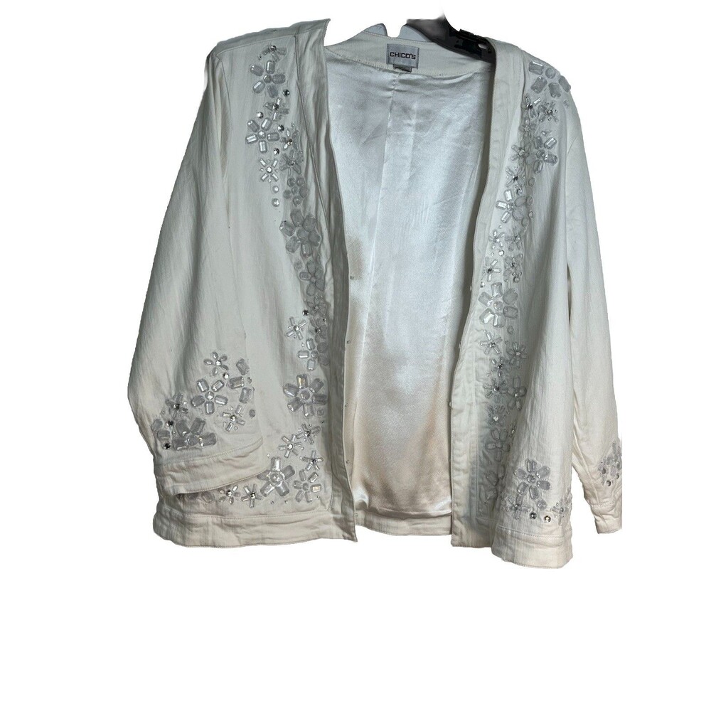 Chicos White Denim Embellished Jacket Rhinestone Y2K sz 2 / L (15)